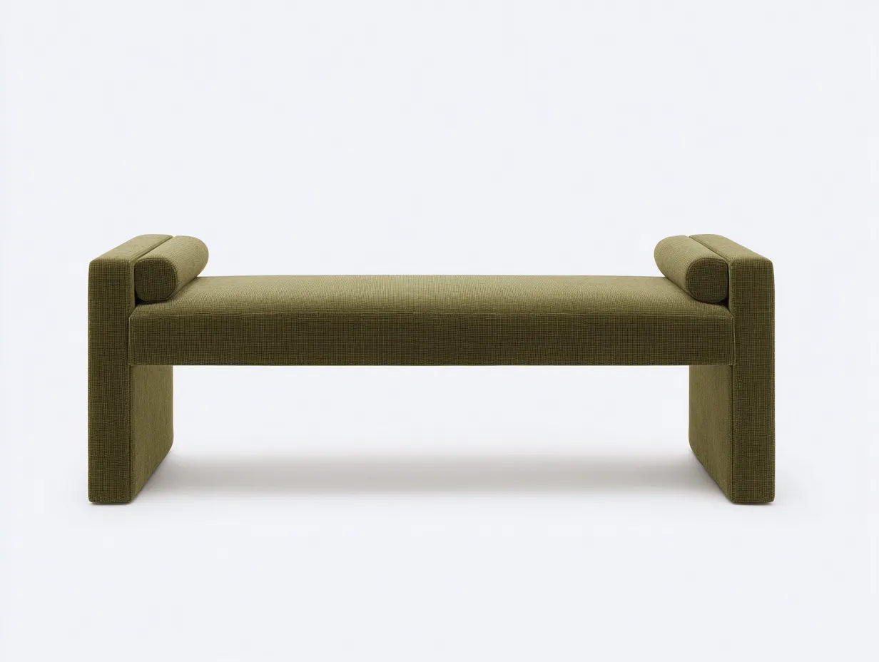 Banco tapizado para dormitorio 145 x 40 x 52 cm - verde oliva - con apoyos laterales y estilo minimalista