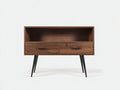 Vitrina 98x34x92 cm - nogal oscuro y negra - madera y metal - con hueco abierto y 2 cajones para salón