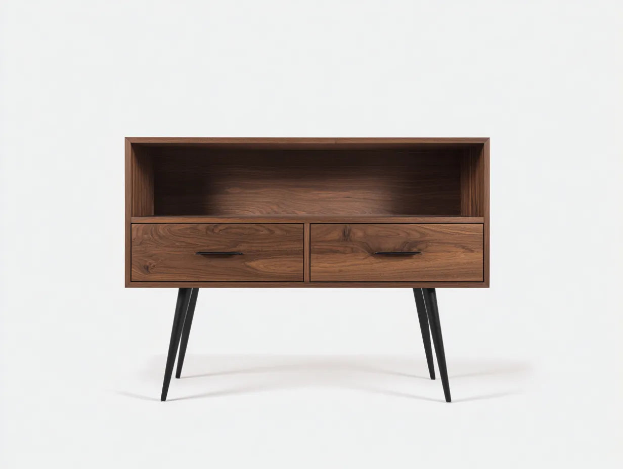 Vitrina 98x34x92 cm - nogal oscuro y negra - madera y metal - con hueco abierto y 2 cajones para salón