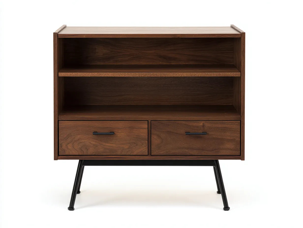 Vitrina 92x38x118 cm - nogal oscuro y negra - madera y metal - con estantes y 2 cajones para salón