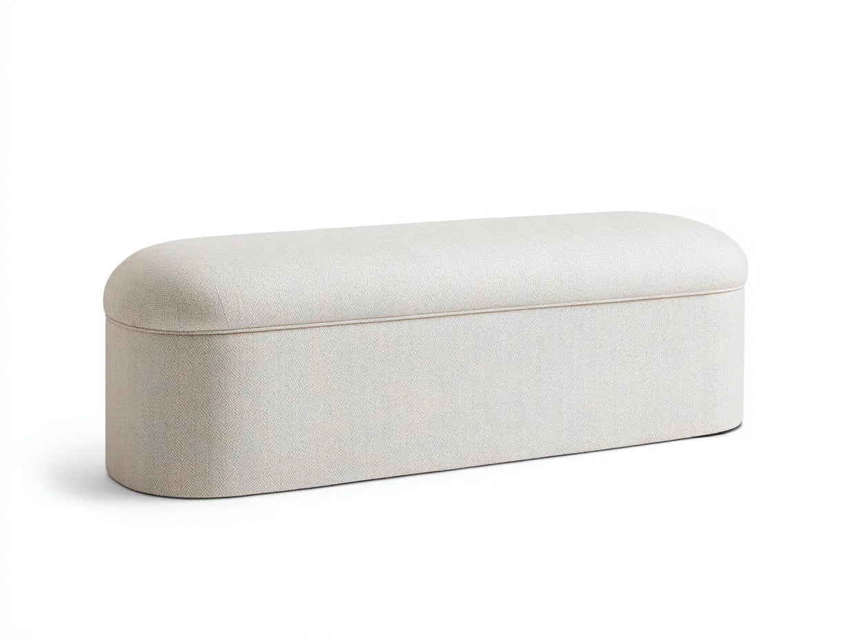 Banco con almacenaje para dormitorio 130 x 45 x 45 cm - crema claro - tapizado de líneas suaves y forma ovalada