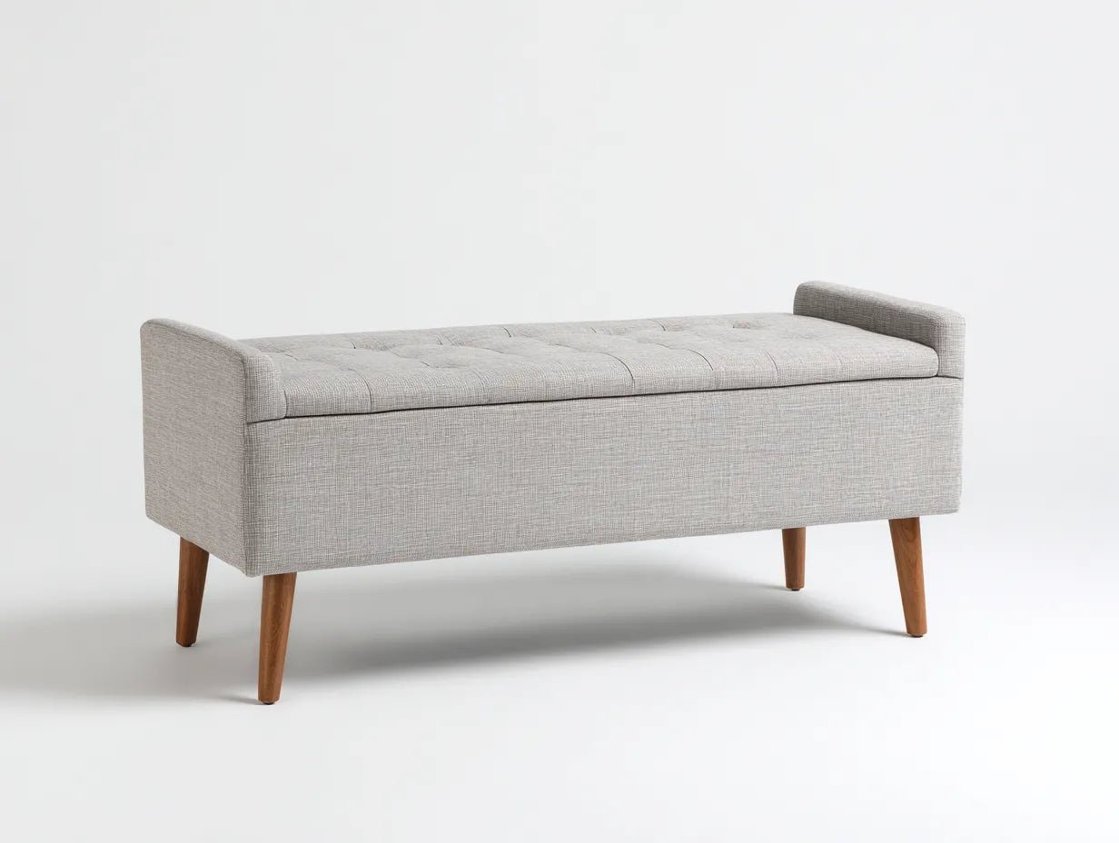 Banco con almacenaje para dormitorio 128 x 45 x 46 cm - gris claro y roble medio - asiento rectangular con tapa abatible