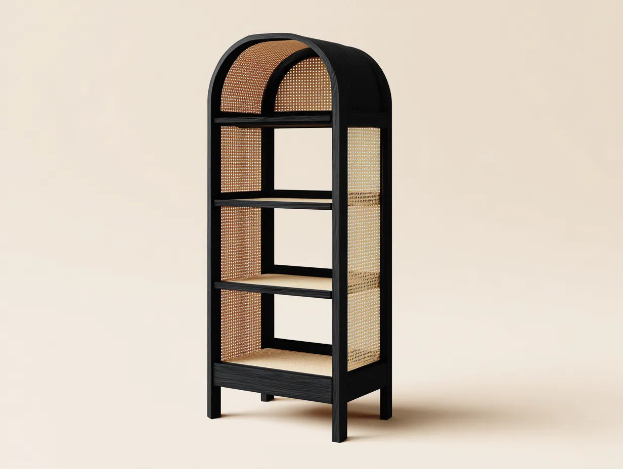 Vitrina 56x32x176 cm - negro y natural - madera y ratán - estilo ligero para salón