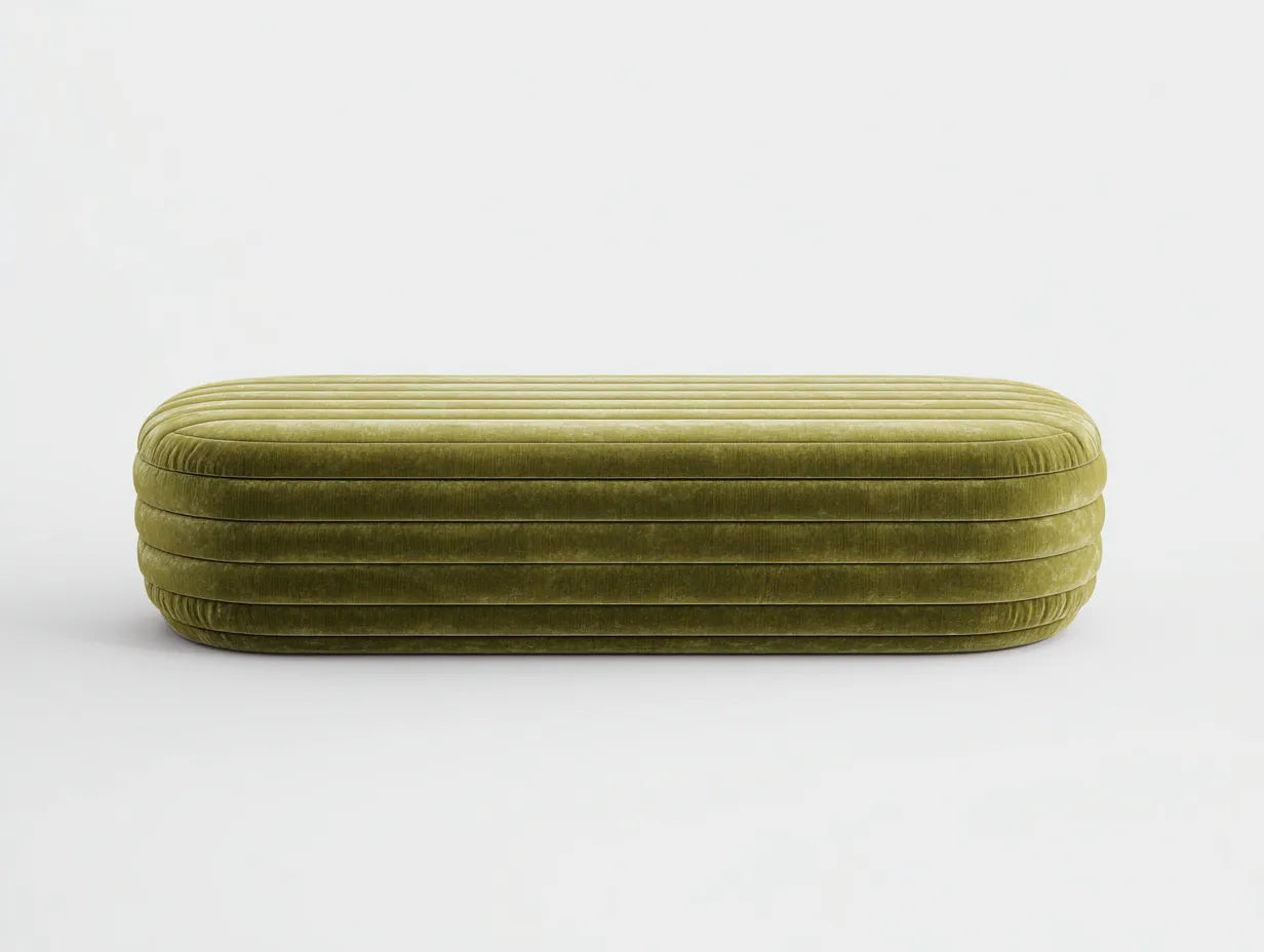 Banco tapizado para dormitorio 142 x 45 x 38 cm - verde oliva - forma ovalada acanalada y estilo decorativo