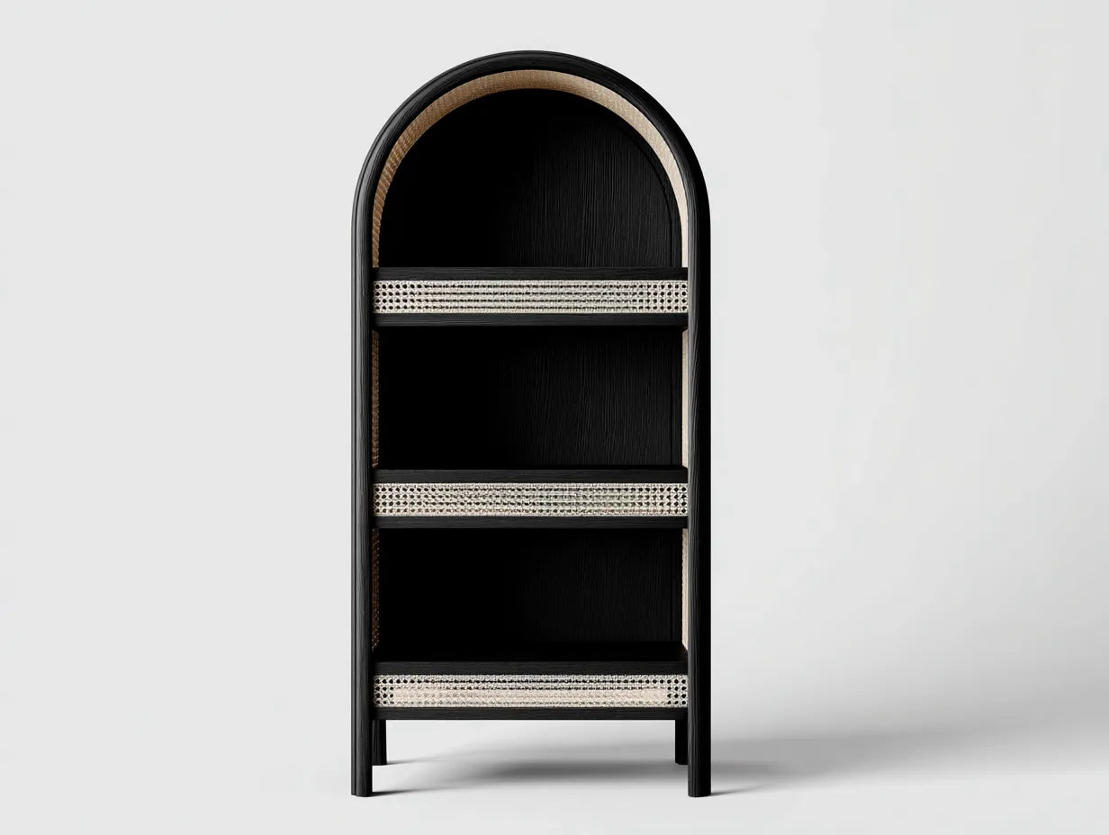 Vitrina 58x34x182 cm - negro y natural - madera y ratán - diseño arqueado para salón
