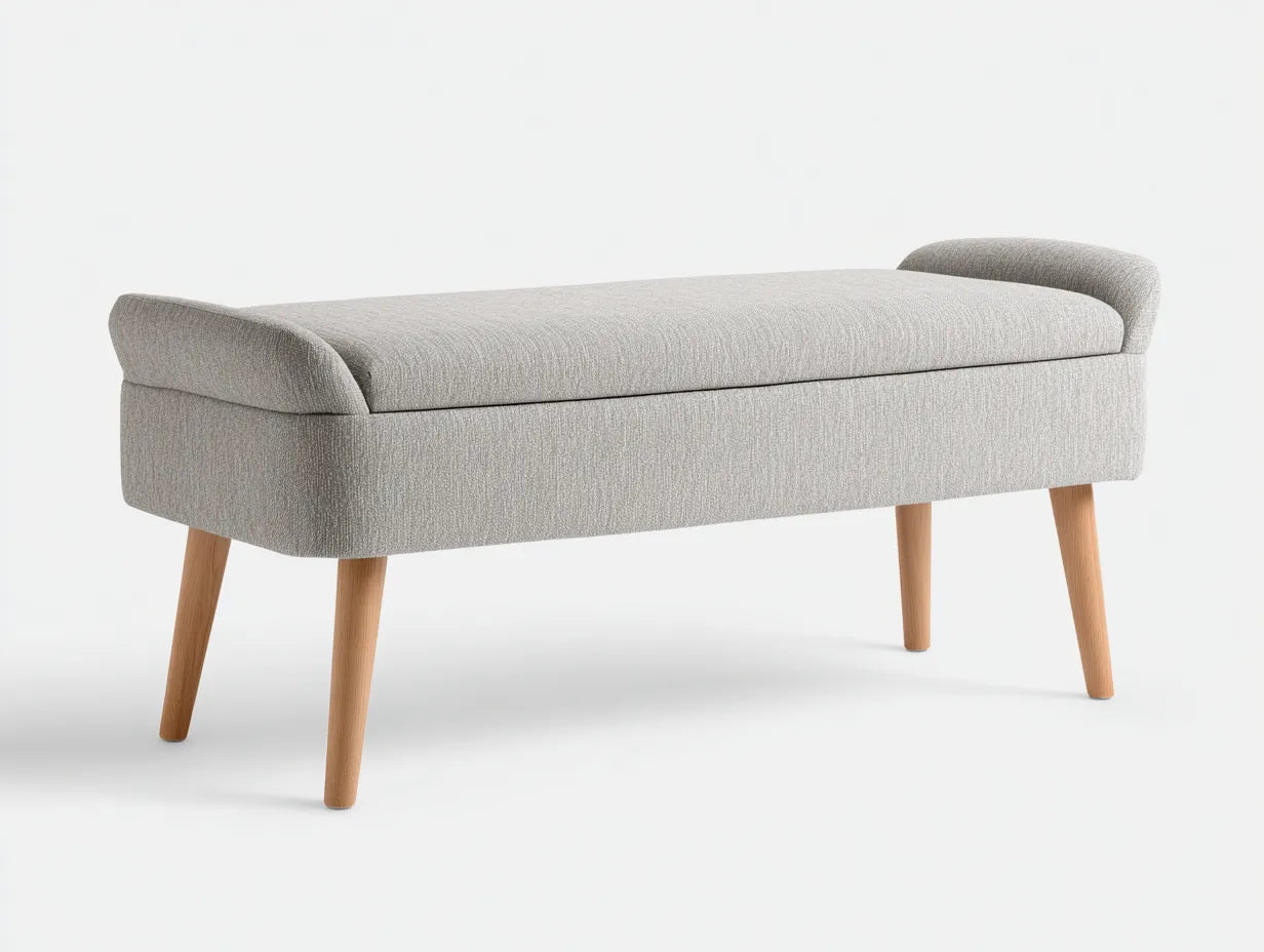 Banco con almacenaje para dormitorio 130 x 43 x 47 cm - gris claro y roble medio - con tapizado capitoné ligero