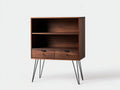 Vitrina 86x36x124 cm - nogal oscuro y negra - madera y metal - con 2 cajones para salón