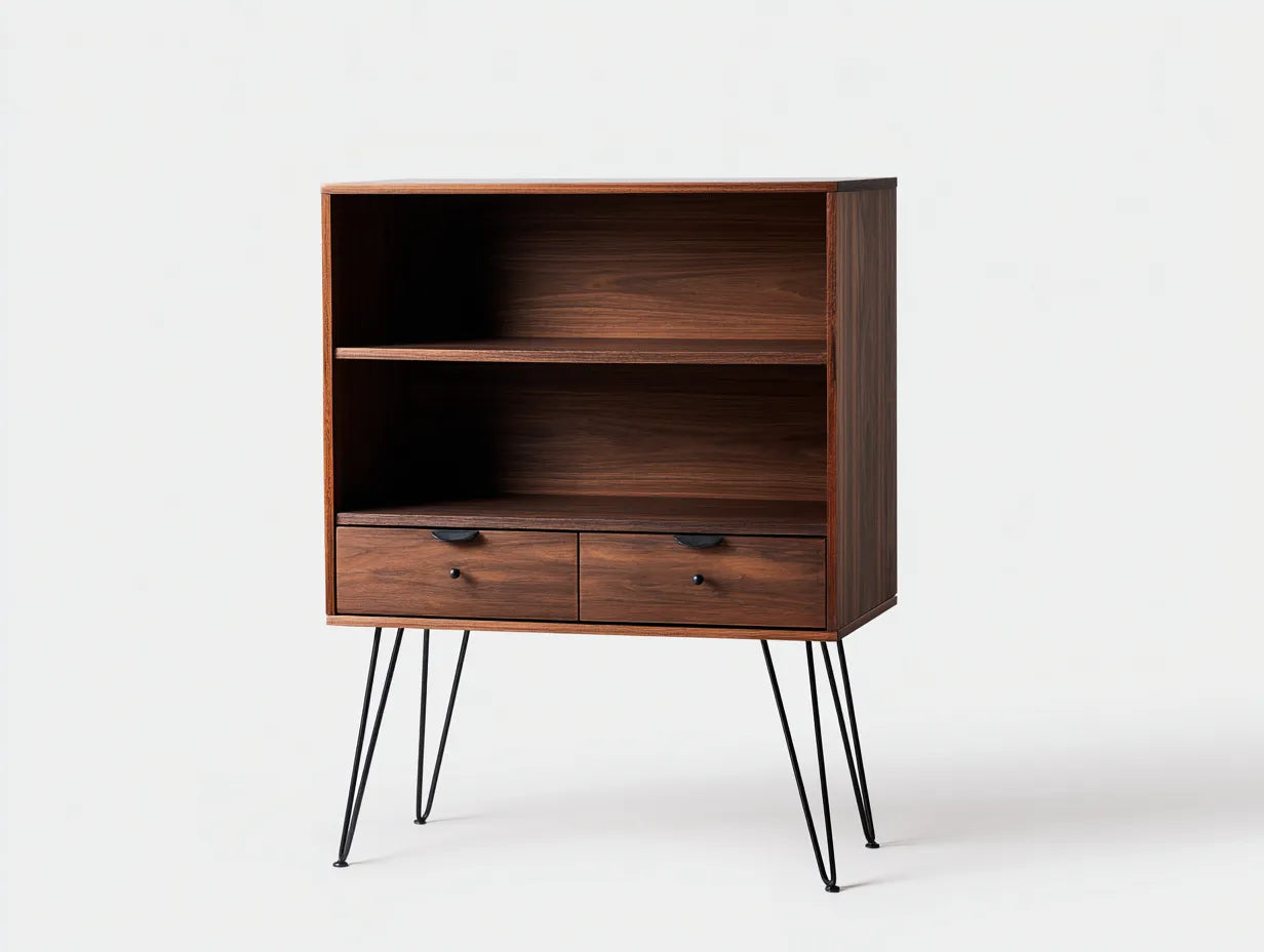 Vitrina 86x36x124 cm - nogal oscuro y negra - madera y metal - con 2 cajones para salón